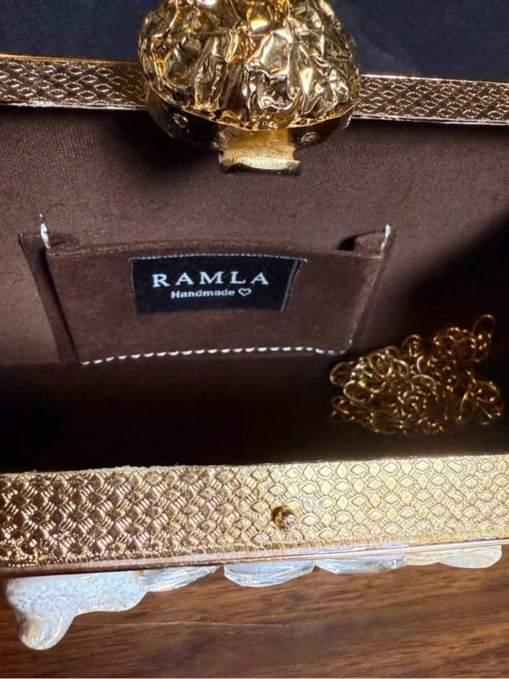 Ramla Ayra Gold Jeweled Evening Clutch - Elegant Crystal & Pearl Detail